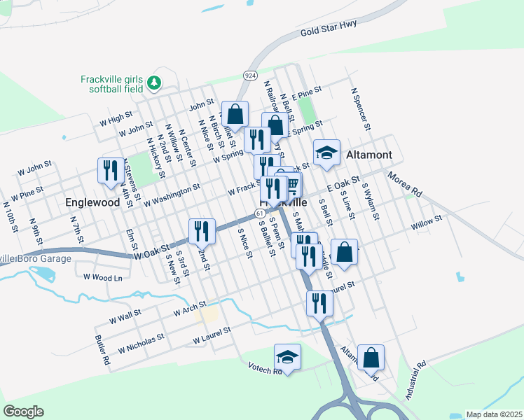 map of restaurants, bars, coffee shops, grocery stores, and more near 53 South Balliet Street in Frackville