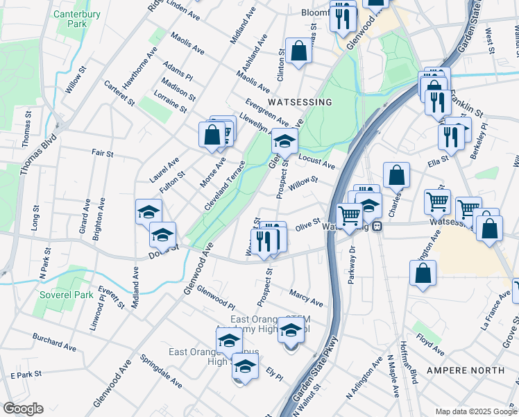 map of restaurants, bars, coffee shops, grocery stores, and more near 12 Thornton Street in Bloomfield