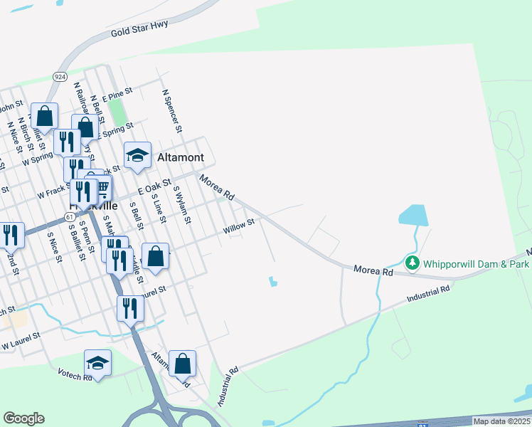 map of restaurants, bars, coffee shops, grocery stores, and more near 105 Morea Road in Frackville