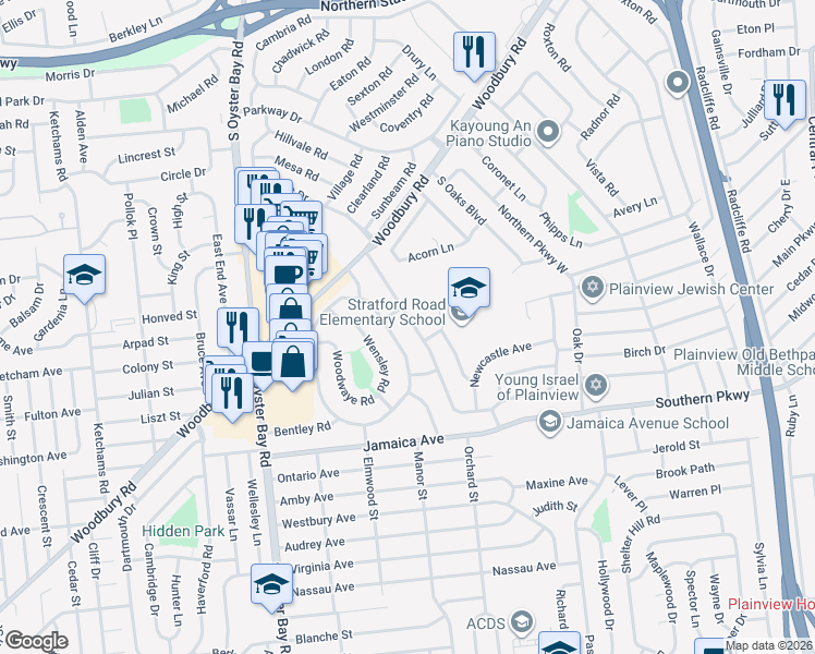 map of restaurants, bars, coffee shops, grocery stores, and more near 29 Stratford Road in Plainview