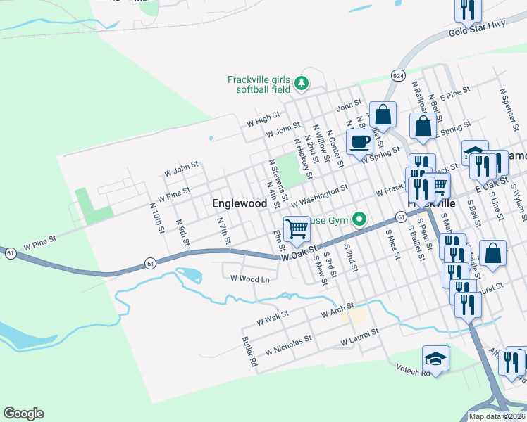 map of restaurants, bars, coffee shops, grocery stores, and more near 61 N 5th St in Frackville