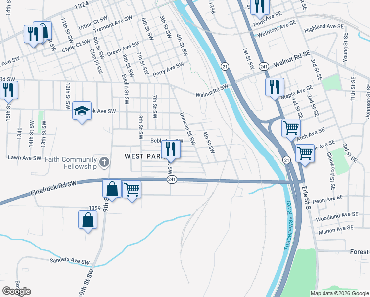 map of restaurants, bars, coffee shops, grocery stores, and more near 528 Geiger Avenue Southwest in Massillon