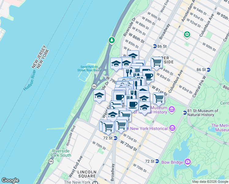 map of restaurants, bars, coffee shops, grocery stores, and more near 375 West End Avenue in New York