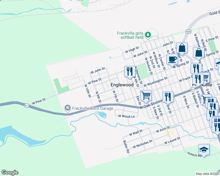 map of restaurants, bars, coffee shops, grocery stores, and more near 108 North 7th Street in Frackville