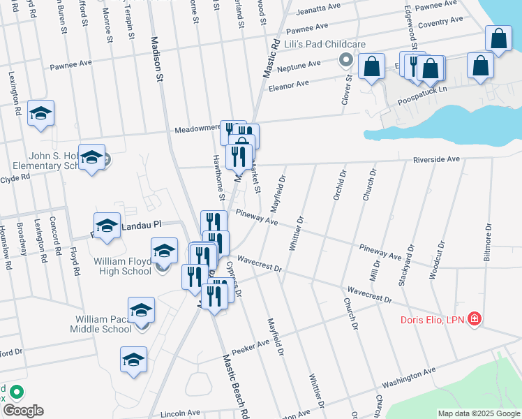 map of restaurants, bars, coffee shops, grocery stores, and more near 68 Market Street in Mastic Beach