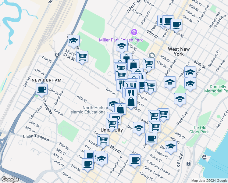 map of restaurants, bars, coffee shops, grocery stores, and more near 1112 50th Street in North Bergen