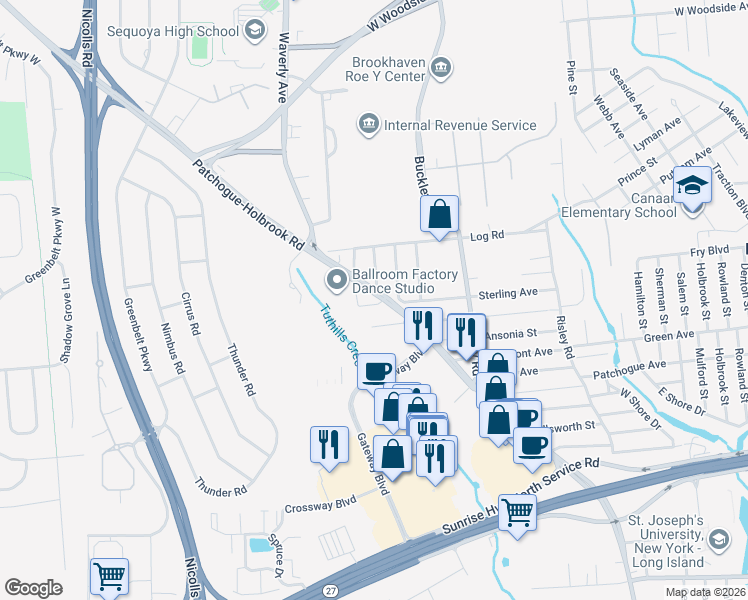 map of restaurants, bars, coffee shops, grocery stores, and more near 530 Waverly Avenue in Patchogue