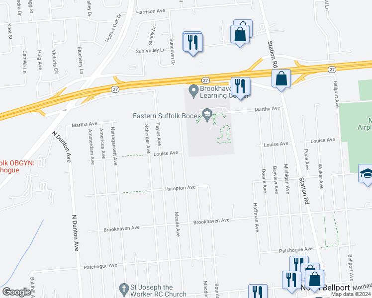 map of restaurants, bars, coffee shops, grocery stores, and more near 903 Provost Avenue in Bellport