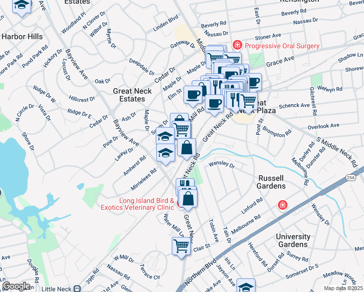 map of restaurants, bars, coffee shops, grocery stores, and more near 98 Cuttermill Road in Great Neck Plaza