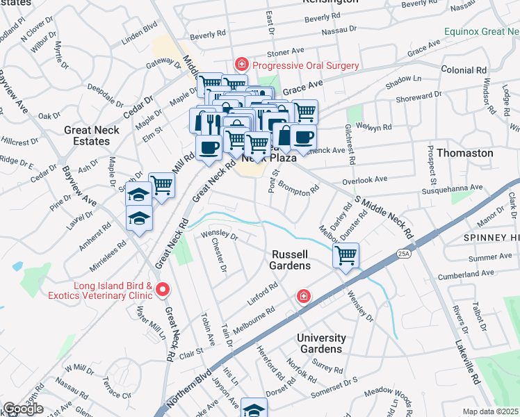 map of restaurants, bars, coffee shops, grocery stores, and more near 6 Knightsbridge Road in Great Neck