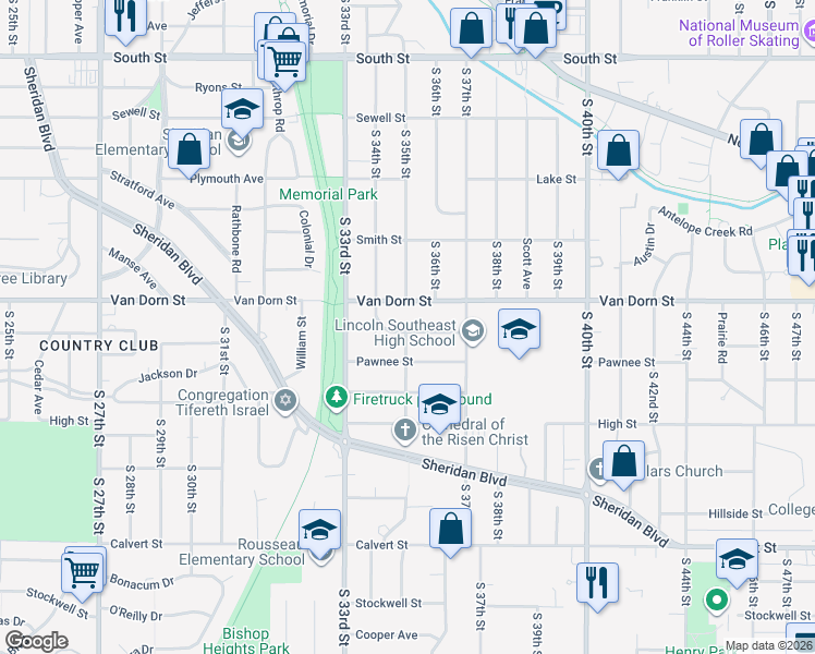 map of restaurants, bars, coffee shops, grocery stores, and more near 3500 Otoe Street in Lincoln
