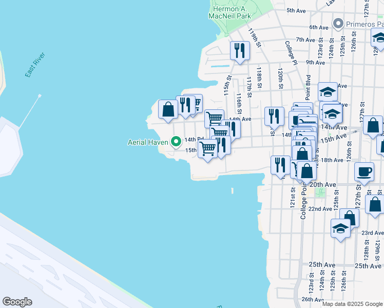 map of restaurants, bars, coffee shops, grocery stores, and more near 110-38 15th Avenue in Queens