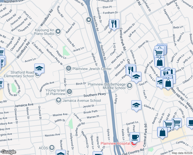 map of restaurants, bars, coffee shops, grocery stores, and more near 5 Birch Dr in Plainview