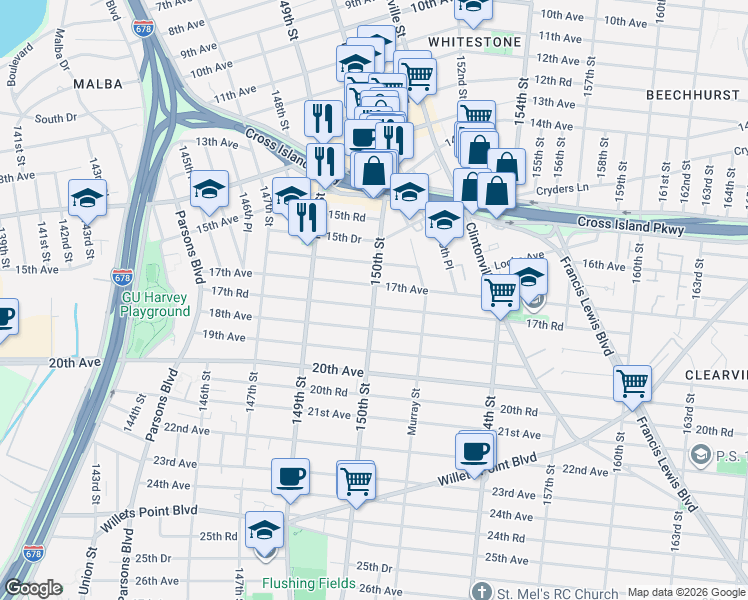 map of restaurants, bars, coffee shops, grocery stores, and more near in Queens