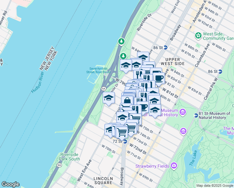 map of restaurants, bars, coffee shops, grocery stores, and more near 321 West 77th Street in New York