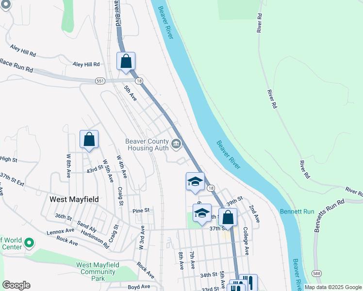 map of restaurants, bars, coffee shops, grocery stores, and more near in Beaver Falls