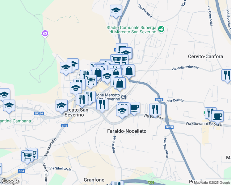 map of restaurants, bars, coffee shops, grocery stores, and more near 13 Via Ferrovia in Mercato San Severino