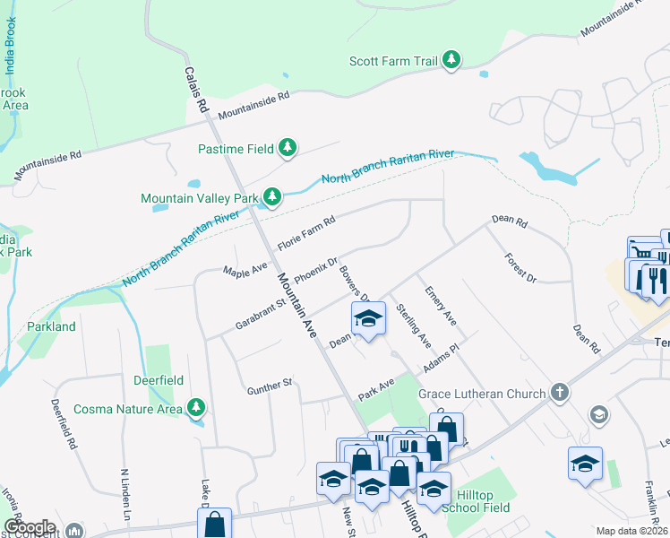 map of restaurants, bars, coffee shops, grocery stores, and more near 10 Bowers Drive in Mendham