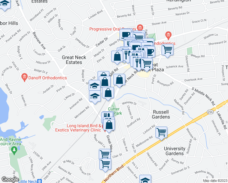 map of restaurants, bars, coffee shops, grocery stores, and more near 159 Great Neck Road in Great Neck