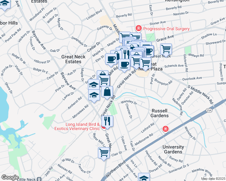 map of restaurants, bars, coffee shops, grocery stores, and more near 159 Great Neck Road in Great Neck
