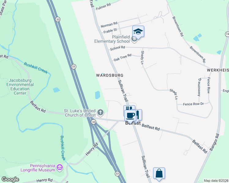 map of restaurants, bars, coffee shops, grocery stores, and more near 492 Sportsman Club Road in Nazareth