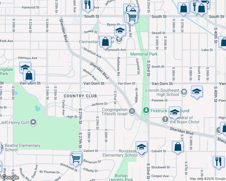 map of restaurants, bars, coffee shops, grocery stores, and more near 2835 South 31st Street in Lincoln