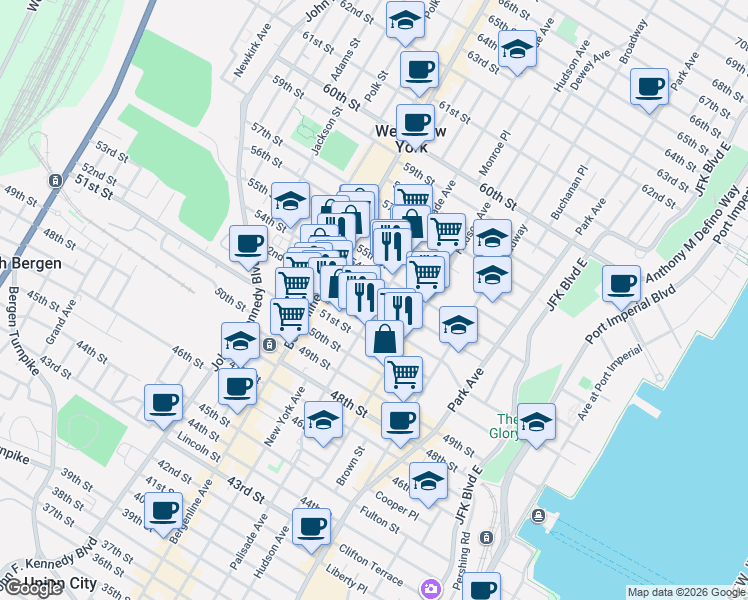 map of restaurants, bars, coffee shops, grocery stores, and more near in West New York