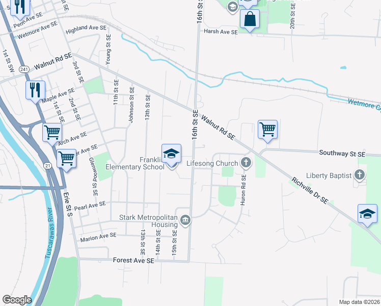 map of restaurants, bars, coffee shops, grocery stores, and more near 1225 16th Street Southeast in Massillon