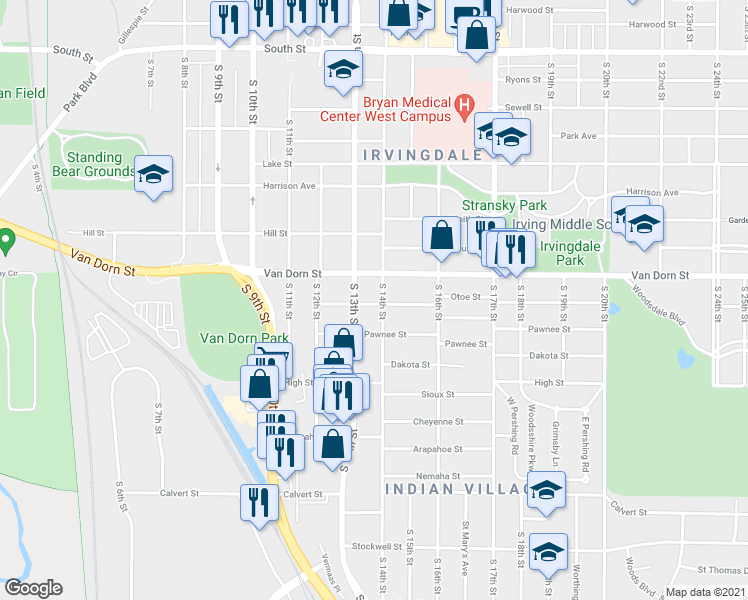 map of restaurants, bars, coffee shops, grocery stores, and more near 1338 Otoe Street in Lincoln
