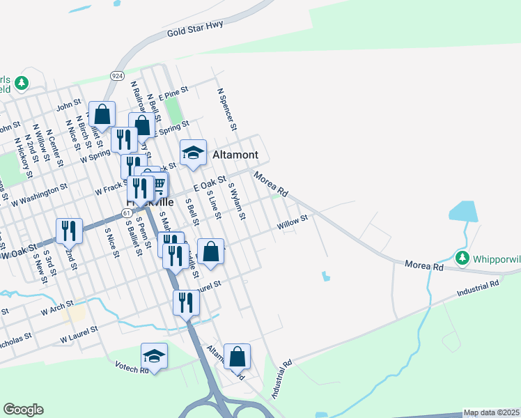 map of restaurants, bars, coffee shops, grocery stores, and more near 214 South Spencer Street in Frackville