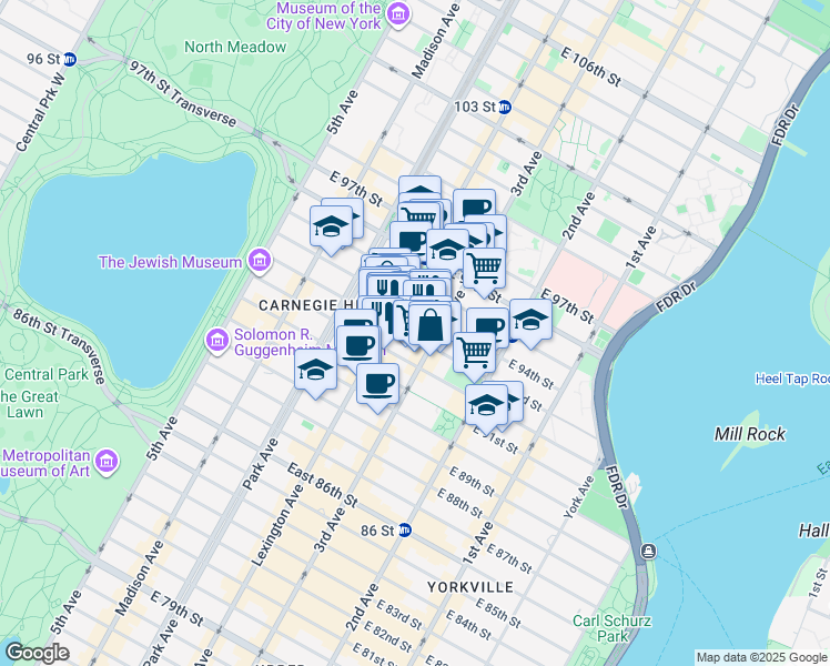 map of restaurants, bars, coffee shops, grocery stores, and more near 181 East 93rd Street in New York