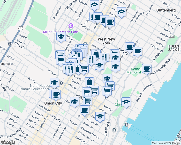 map of restaurants, bars, coffee shops, grocery stores, and more near 5300 Palisade Avenue in West New York