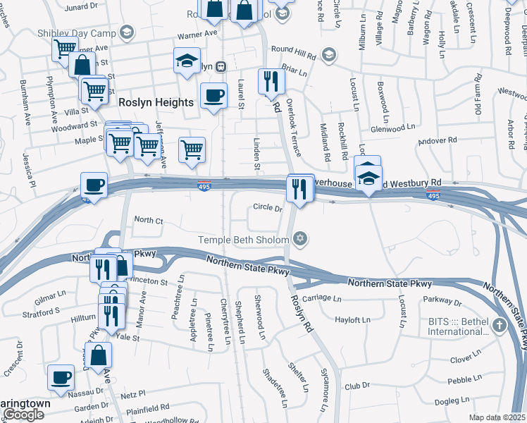 map of restaurants, bars, coffee shops, grocery stores, and more near 30 Circle Drive in Roslyn Heights