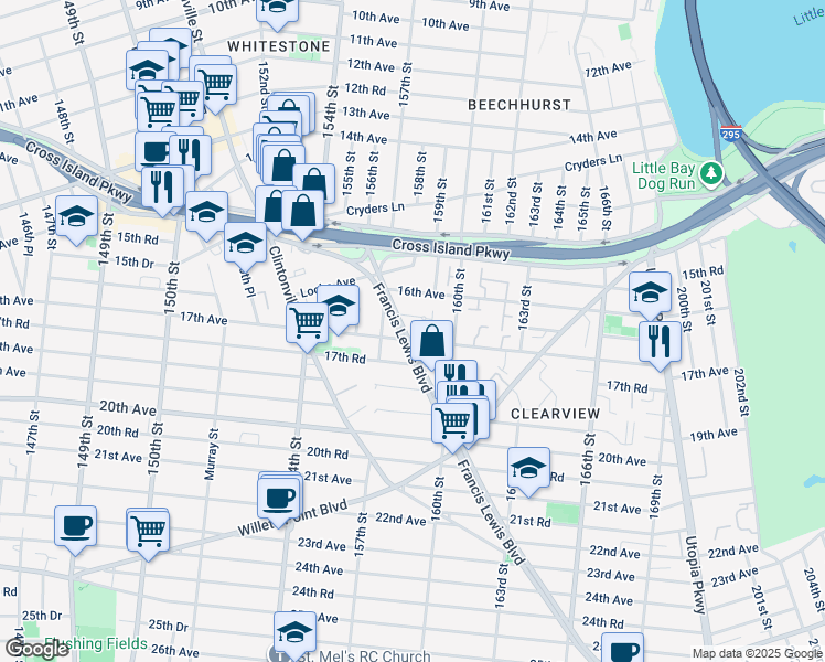 map of restaurants, bars, coffee shops, grocery stores, and more near 16-55 Francis Lewis Boulevard in Queens