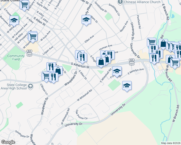 map of restaurants, bars, coffee shops, grocery stores, and more near 1328 Old Boalsburg Road in State College