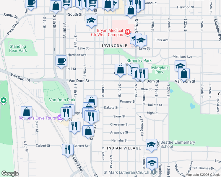 map of restaurants, bars, coffee shops, grocery stores, and more near 1440 Otoe Street in Lincoln