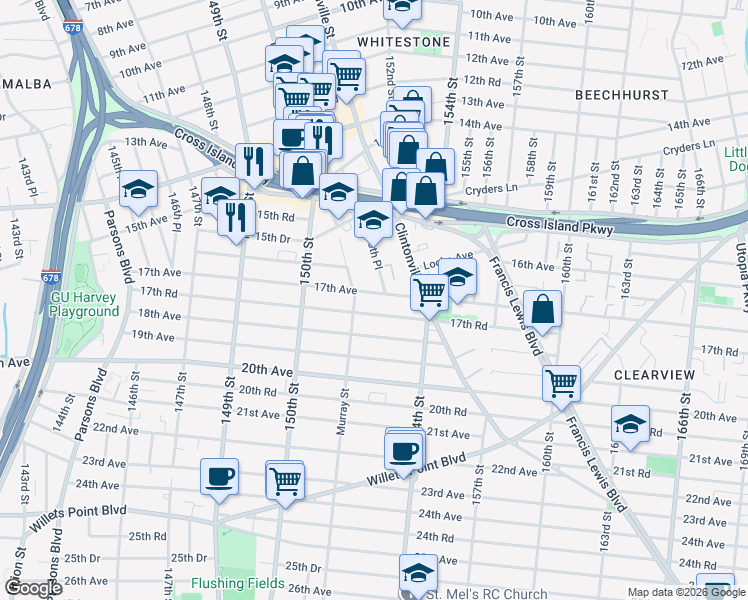 map of restaurants, bars, coffee shops, grocery stores, and more near 151-29 17th Road in Queens