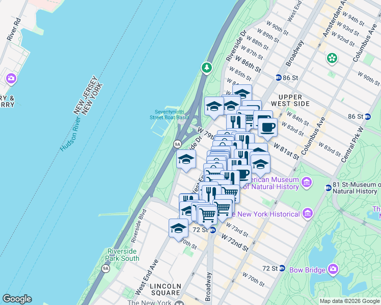 map of restaurants, bars, coffee shops, grocery stores, and more near 40 Riverside Drive in New York