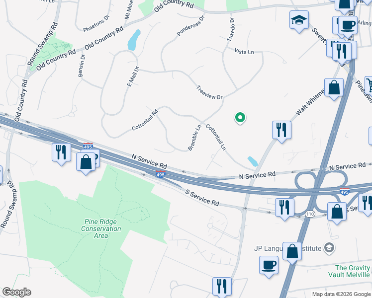 map of restaurants, bars, coffee shops, grocery stores, and more near in Melville