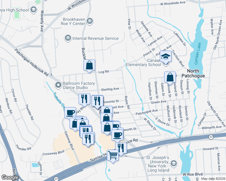 map of restaurants, bars, coffee shops, grocery stores, and more near 29 Arlington Street in Patchogue