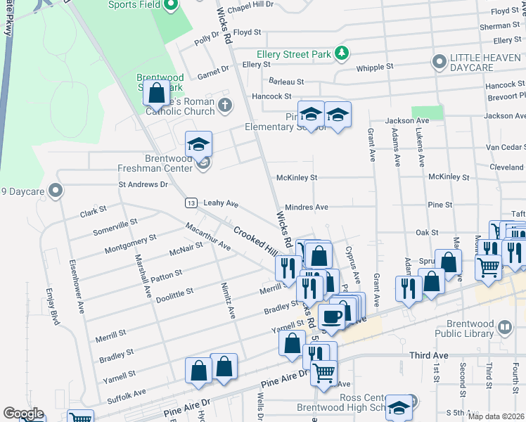 map of restaurants, bars, coffee shops, grocery stores, and more near 9 Leahy Avenue in Brentwood