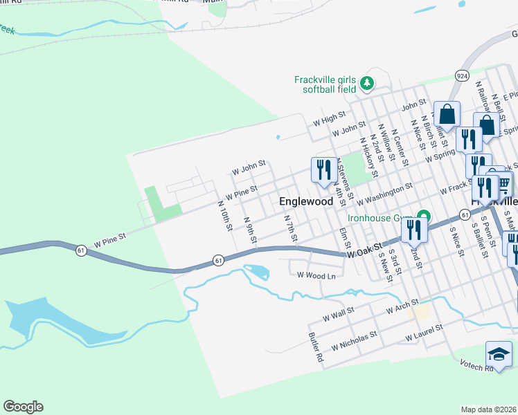 map of restaurants, bars, coffee shops, grocery stores, and more near 116 North 8th Street in Frackville