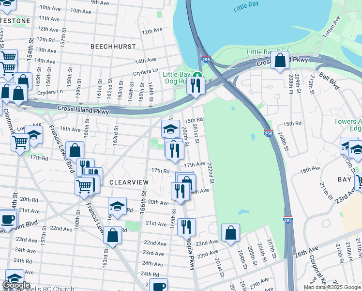 map of restaurants, bars, coffee shops, grocery stores, and more near 199-07 16th Avenue in Queens