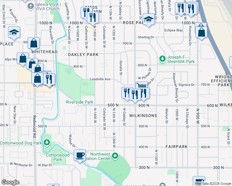 map of restaurants, bars, coffee shops, grocery stores, and more near 650 North 1300 West in Salt Lake City