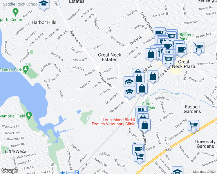 map of restaurants, bars, coffee shops, grocery stores, and more near 24 Bayview Avenue in Great Neck