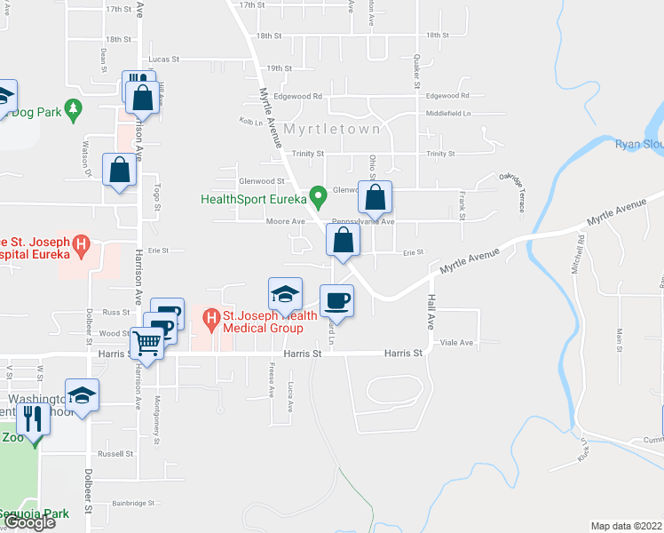 map of restaurants, bars, coffee shops, grocery stores, and more near 2558 Hubbard Lane in Eureka
