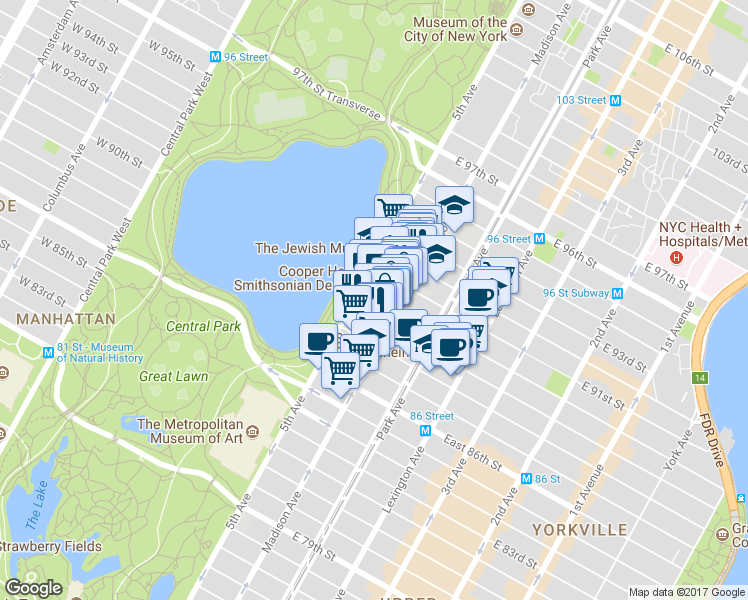 map of restaurants, bars, coffee shops, grocery stores, and more near 4 East 90th Street in New York