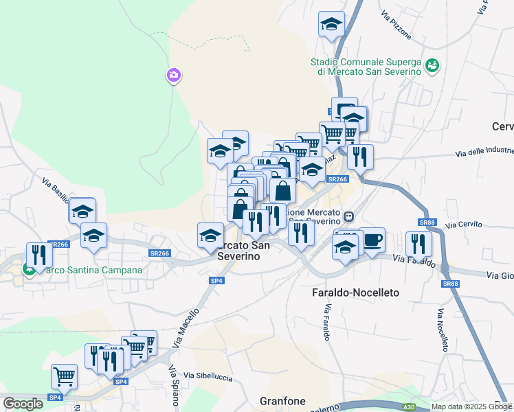 map of restaurants, bars, coffee shops, grocery stores, and more near 202 Corso Armando Diaz in Mercato San Severino