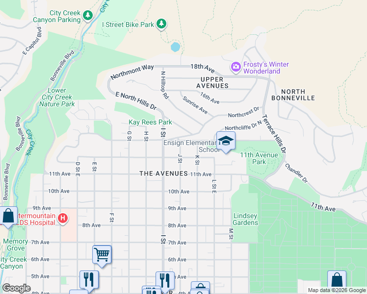 map of restaurants, bars, coffee shops, grocery stores, and more near 626 J Street in Salt Lake City