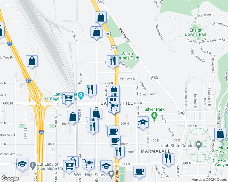 map of restaurants, bars, coffee shops, grocery stores, and more near 641 North 300 West in Salt Lake City